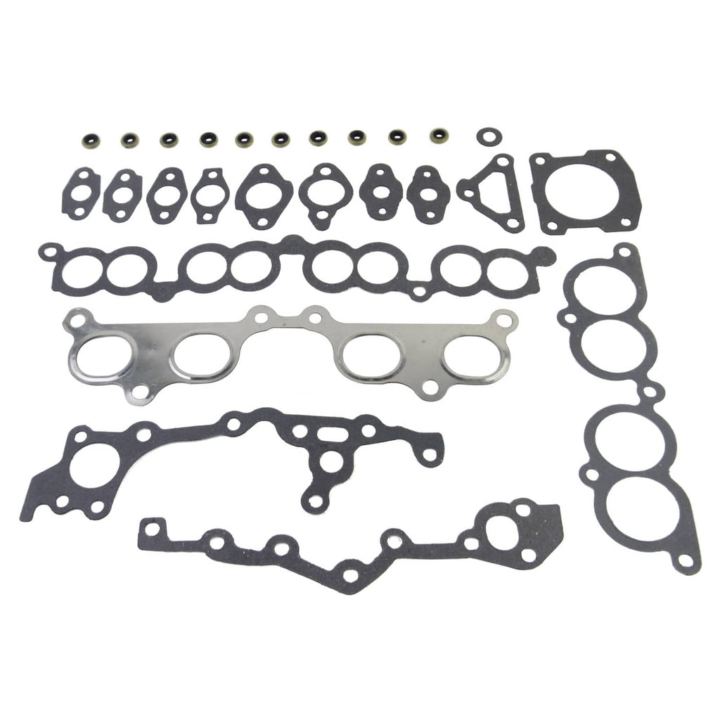 Engine head gasket set with bolts: gasket panels, seals, and copper-colored fasteners.