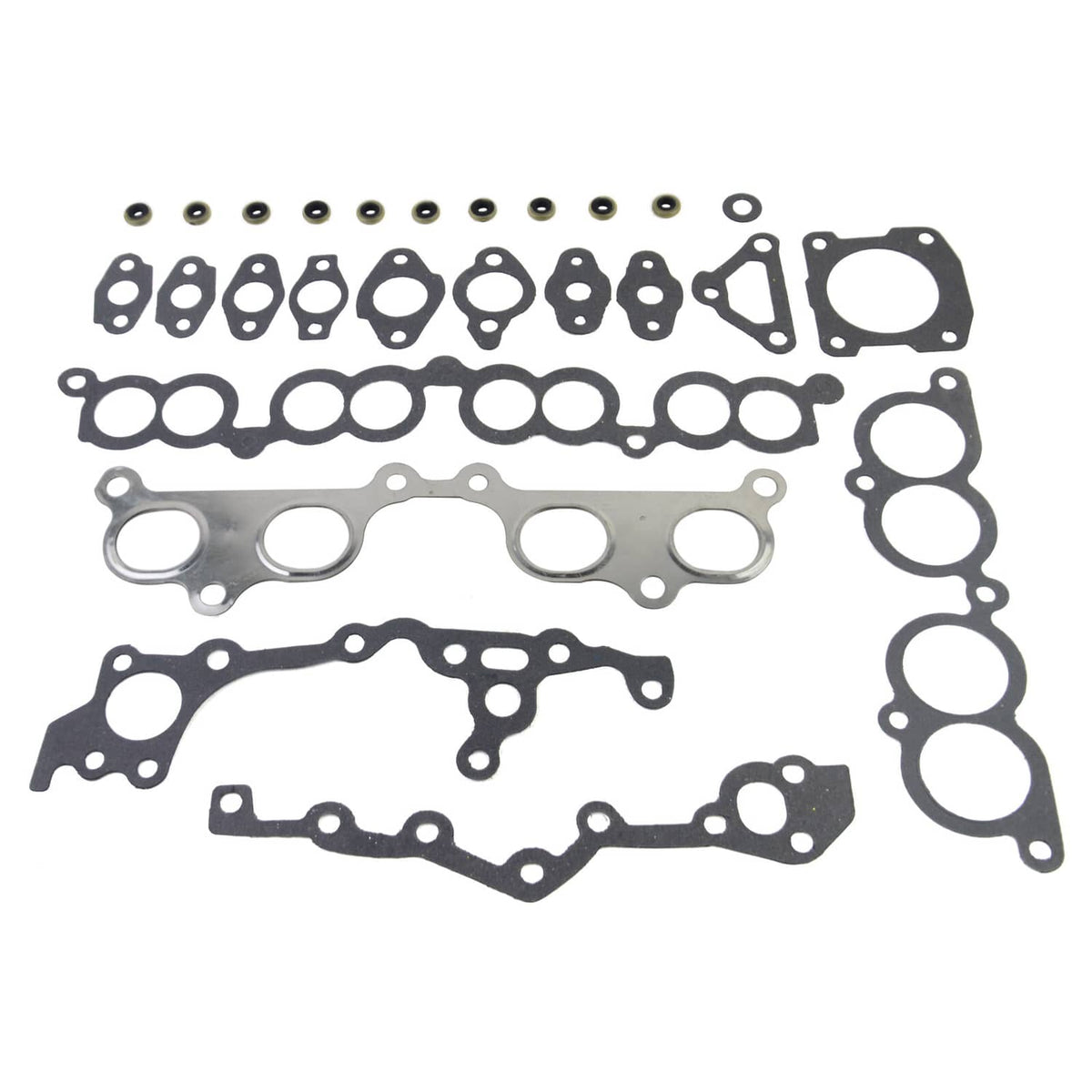 Engine head gasket set with bolts: gasket panels, seals, and copper-colored fasteners.