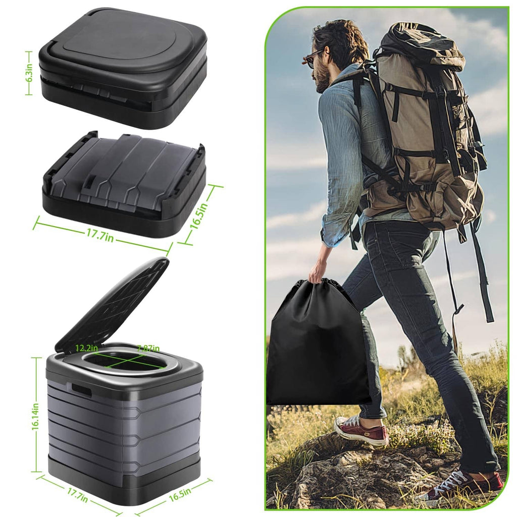 Black portable toilet with round seat lid and foldable top panels