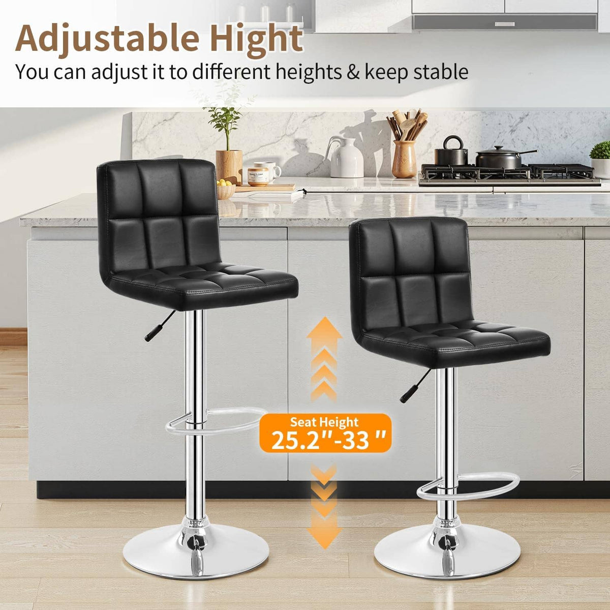 Set of 2 black PU leather swivel bar stools with adjustable height and chrome bases.