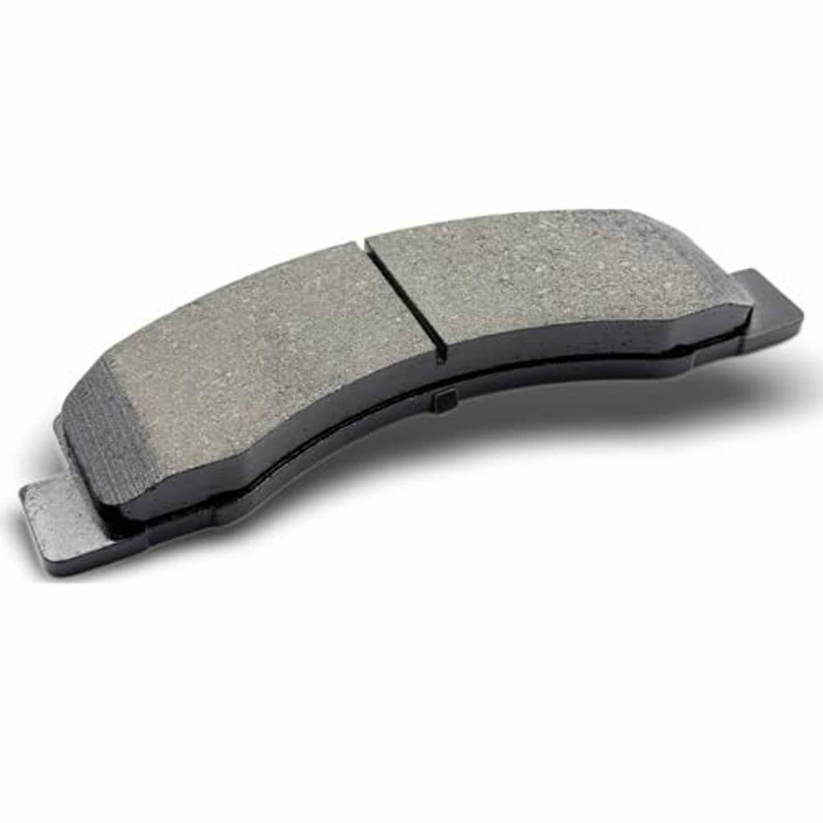 Ceramic brake pad with gray friction face and curved black backing plate