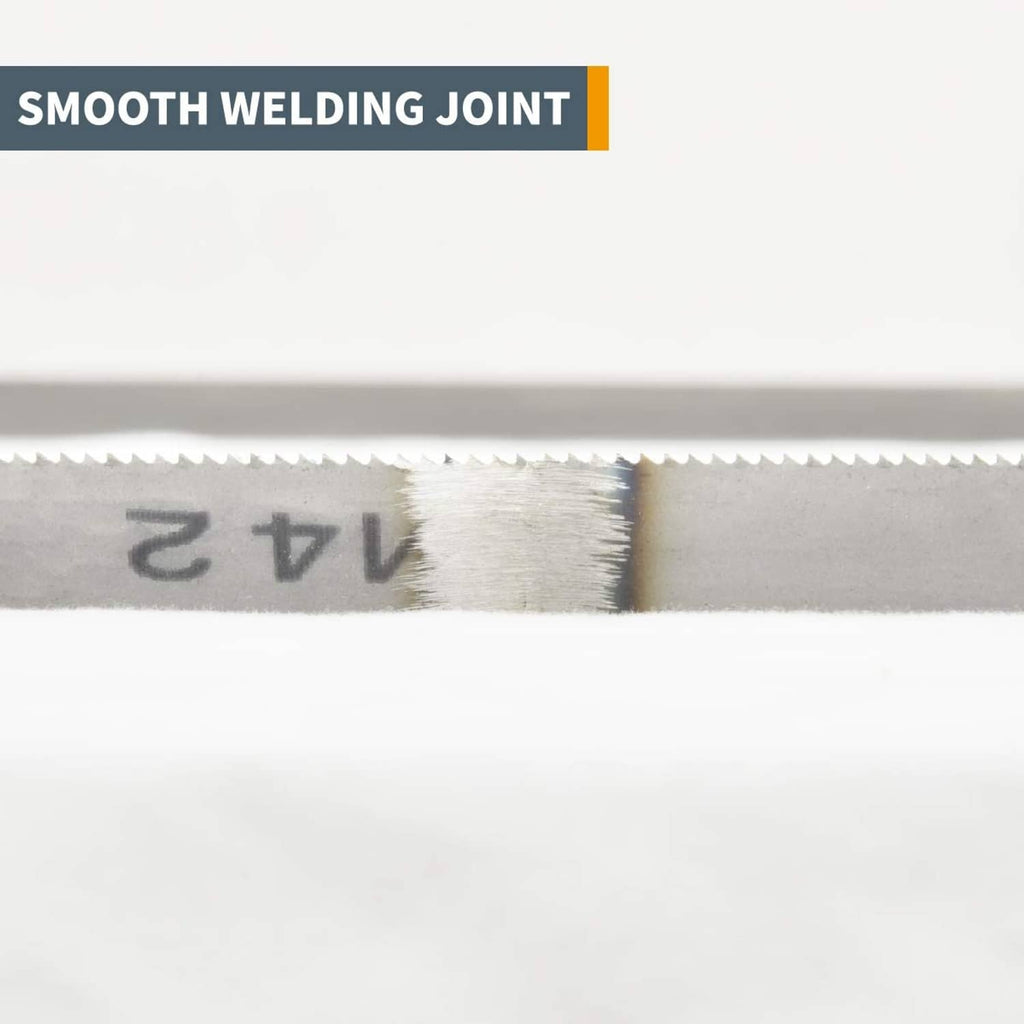 Close-up of band saw blade with smooth welded joint seam