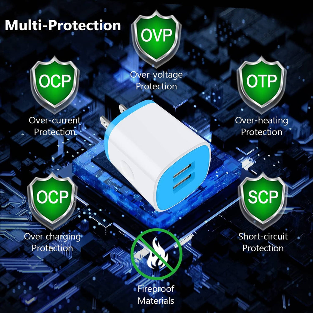 White dual-USB wall charger with blue ports and multi-protection design