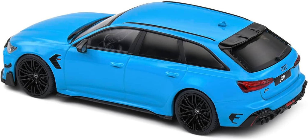 Blue ABT-tuned Audi RS6 die-cast model car, rear three-quarter view with black wheels