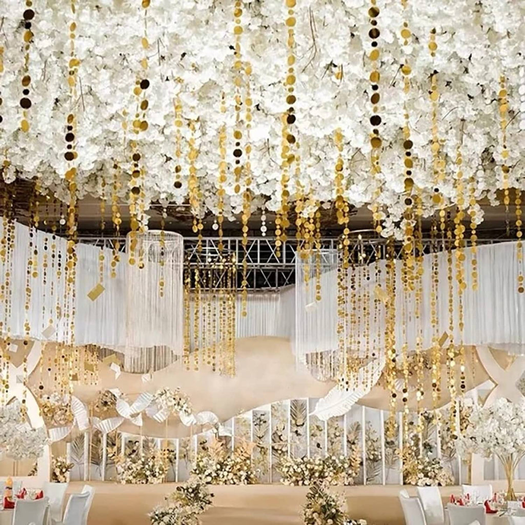 Gold sequin beaded curtain with long strands of reflective discs