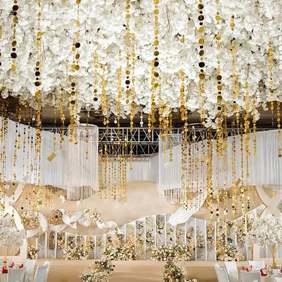 Gold sequin beaded curtain with long strands of reflective discs