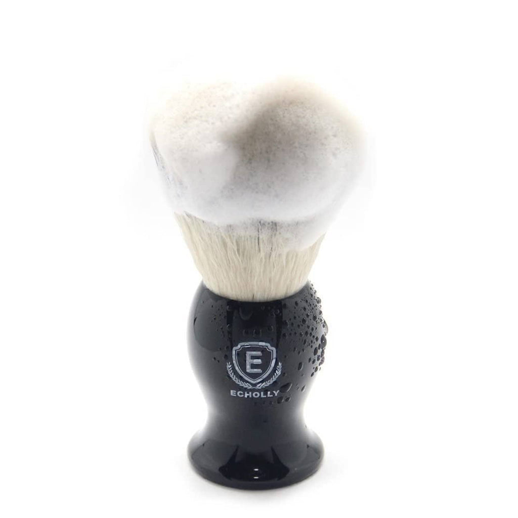 Men's black shaving brush with white bristles and dotted acrylic handle