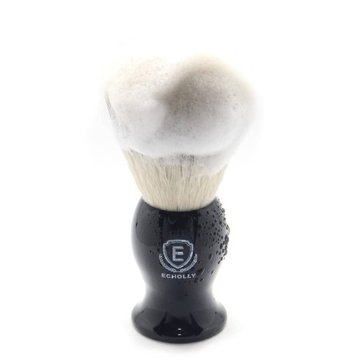 Men's black shaving brush with white bristles and dotted acrylic handle