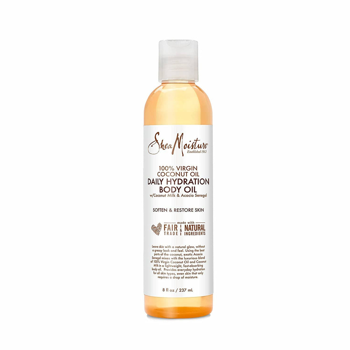 Sheamoisture virgin coconut body oil bottle with front label and flip-top cap