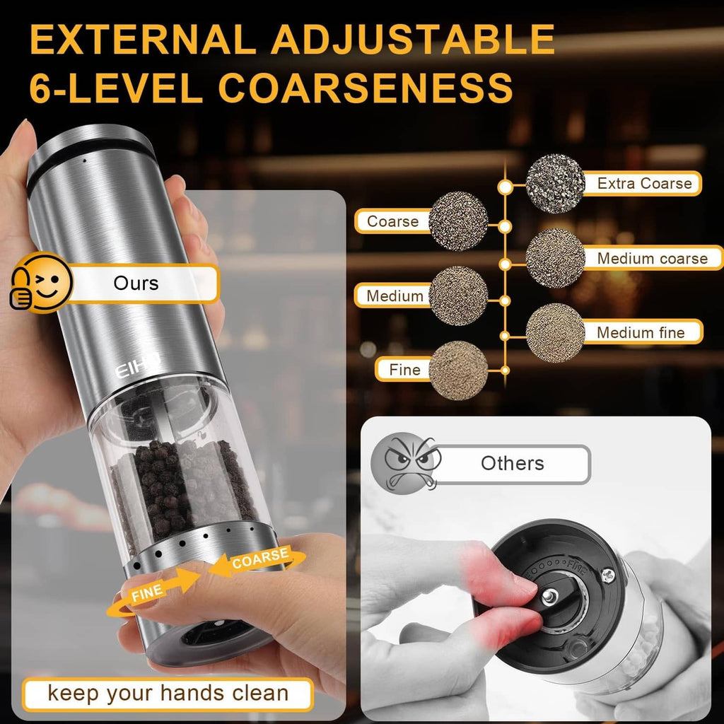 Stainless steel electric grinder with coarse adjustment dial, one-hand operation