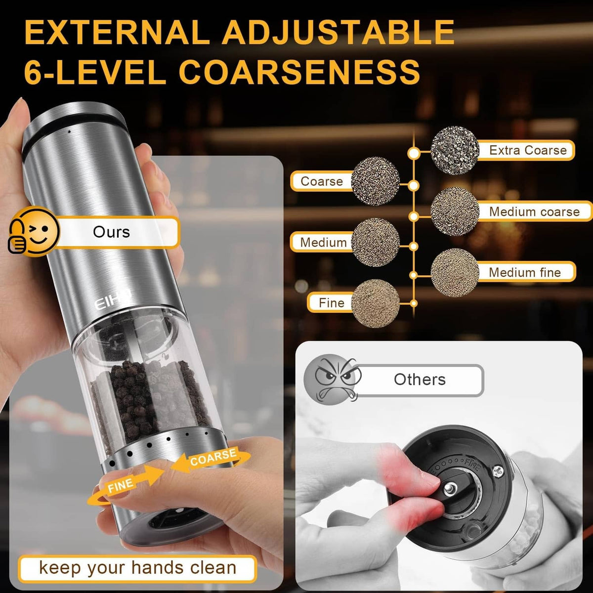 Stainless steel electric grinder with coarse adjustment dial, one-hand operation
