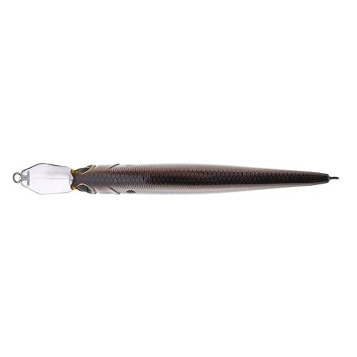 Dark gray and brown shad-style fishing lure with treble hook and split tail