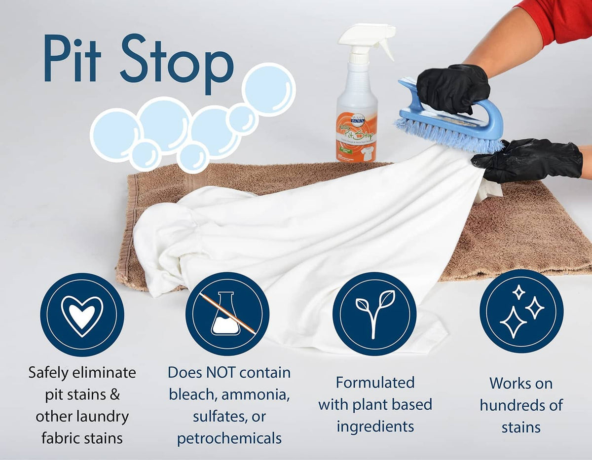 Pit Stop spray bottle with cleaning brush and black gloves beside a white T-shirt