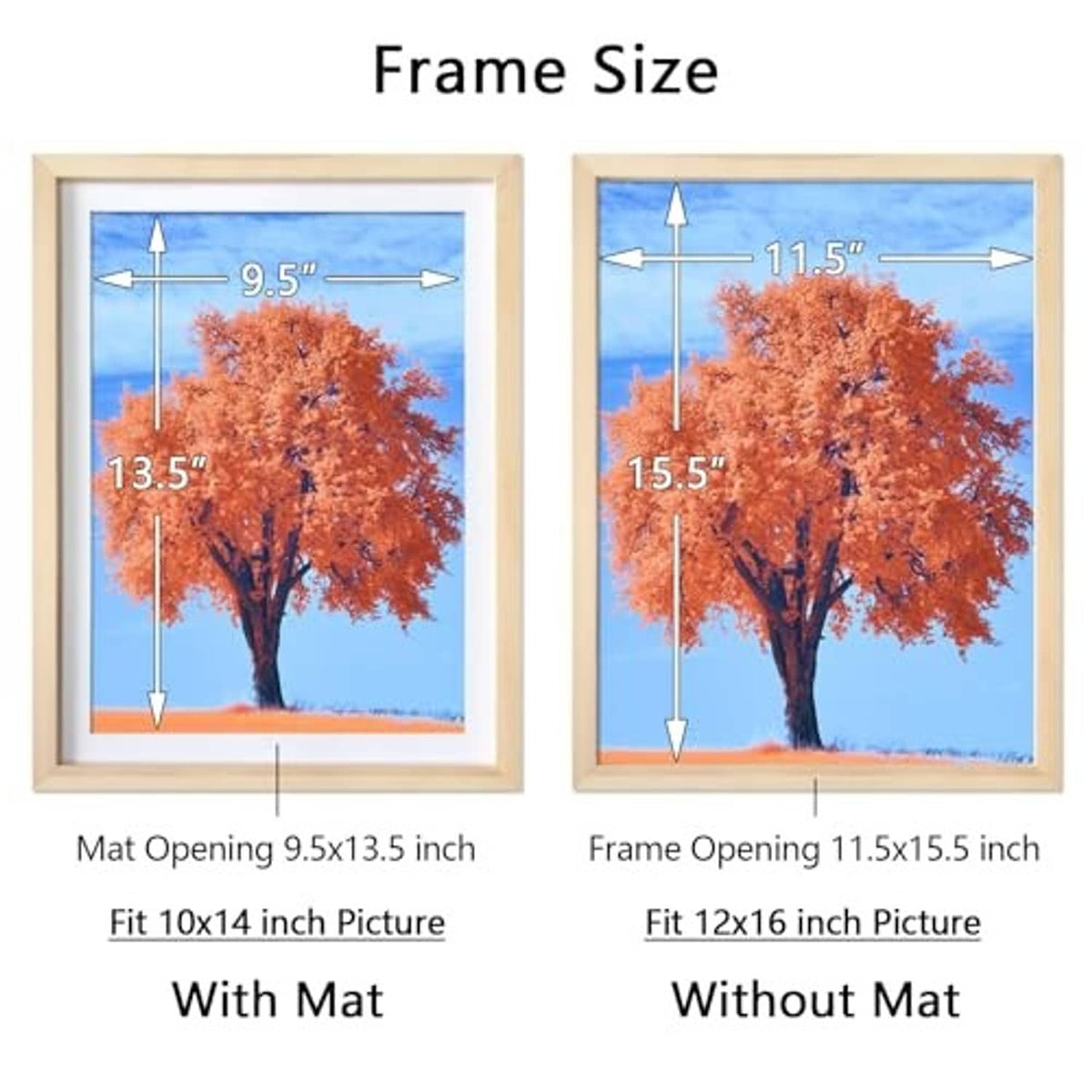 Natural wood picture frame shown with and without mat opening size guides