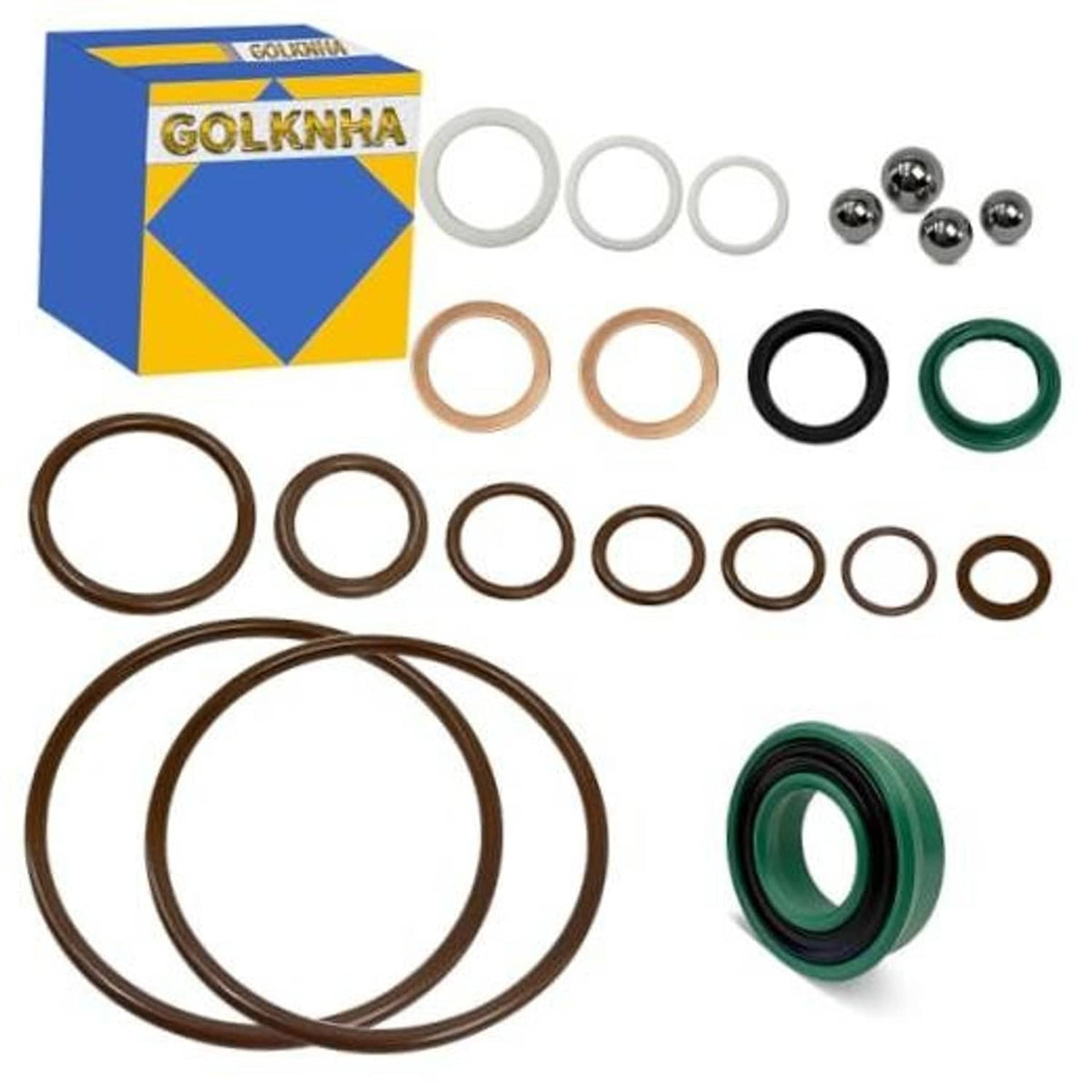 Hydraulic floor jack seals kit with multiple O-rings, gaskets, and metal balls