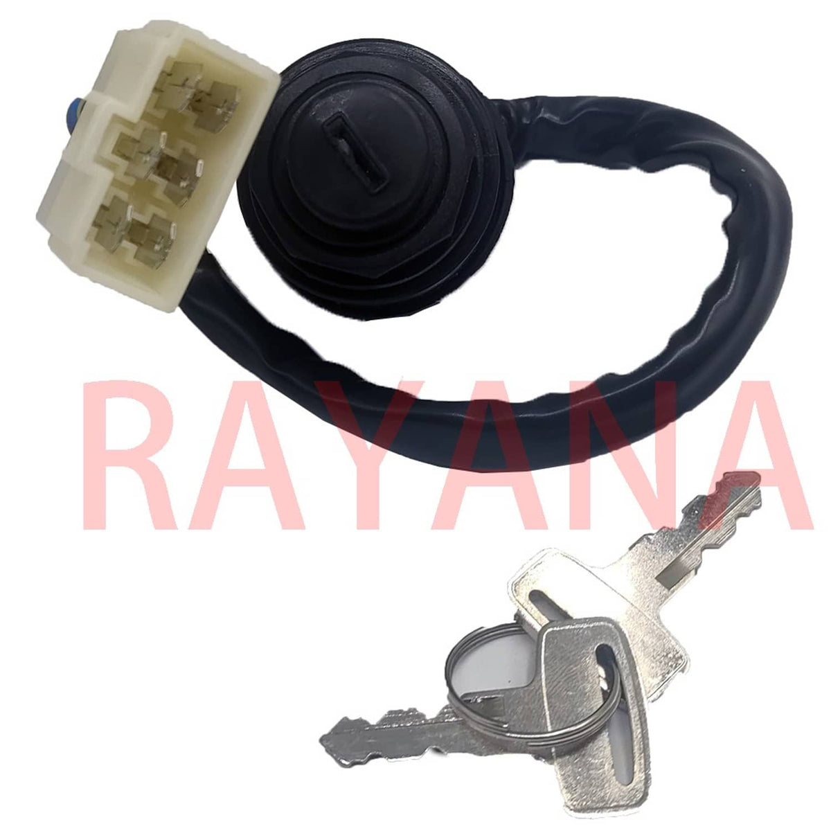 Ignition key switch assembly with key, metal cylinder, black knob, and white connector plug