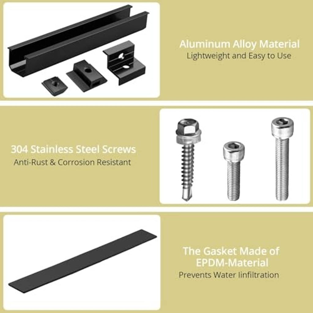 Solar mounting kit materials: aluminum rails, EPDM gasket, and 304 stainless screws