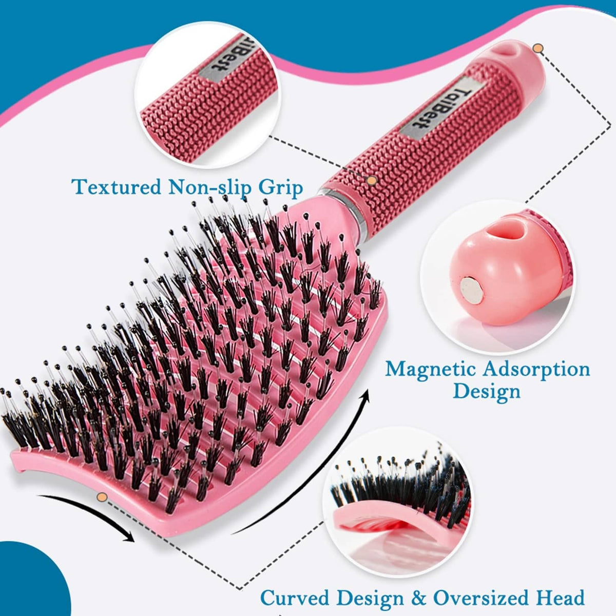 Pink paddle hair brush with textured non-slip grip and curved black bristle pad