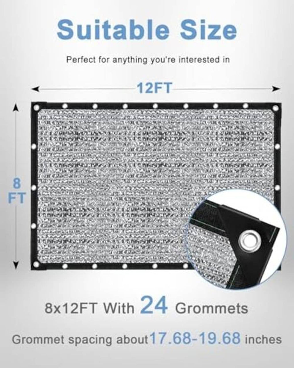 Reflective aluminium shade netting panel with grommets, silver gray mesh and black edge