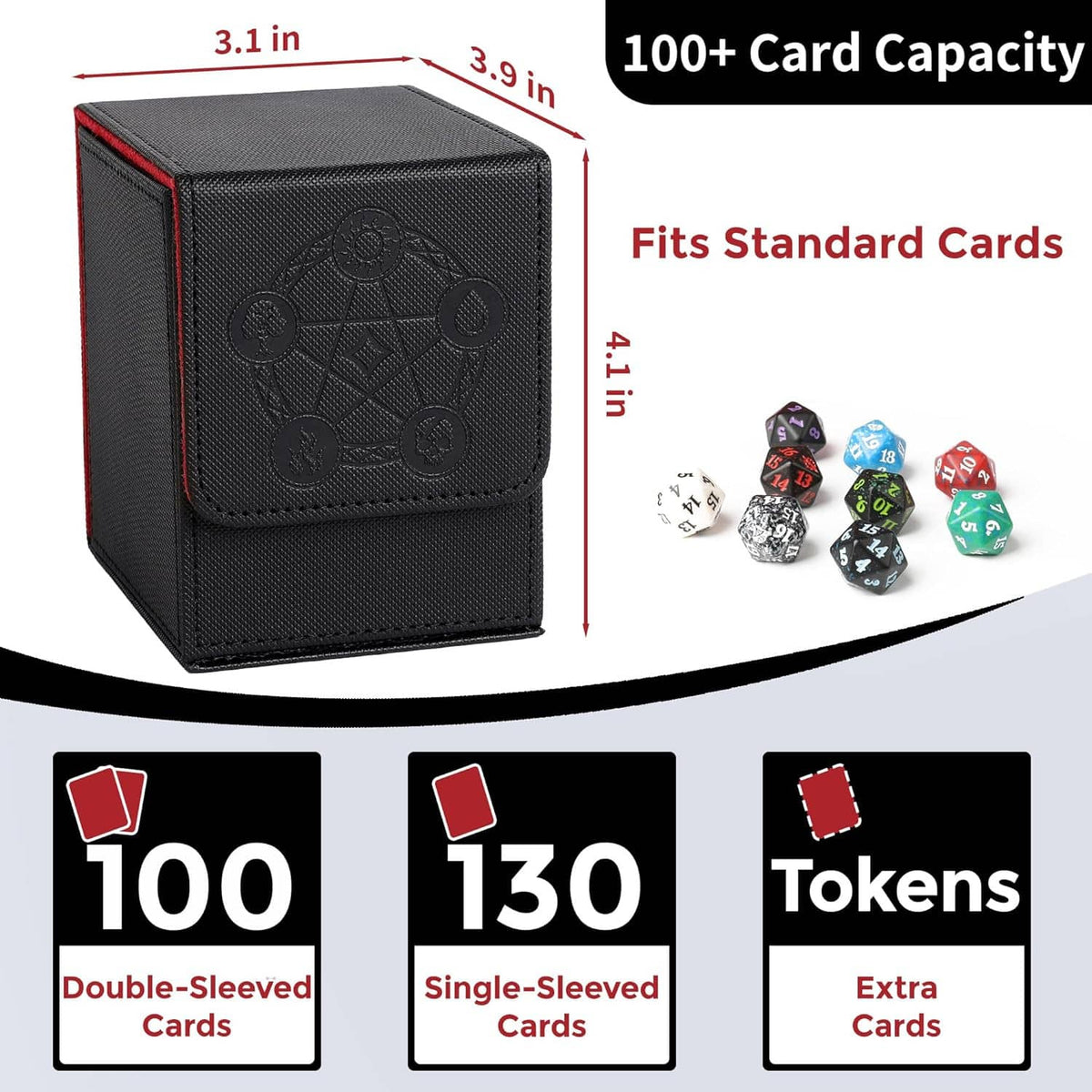 Black deck box with magnetic closure, embossed logo on front flap; side dimensions shown