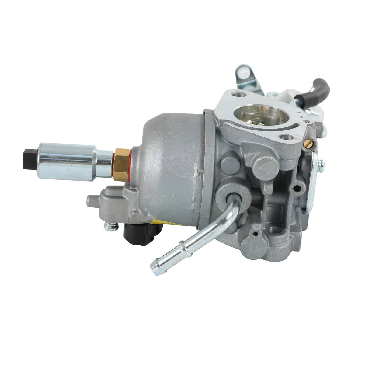 Carburetor assembly with round air intake port and fuel line connection