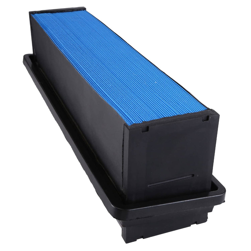 Engine air filter with blue pleated media and black end caps, angled view