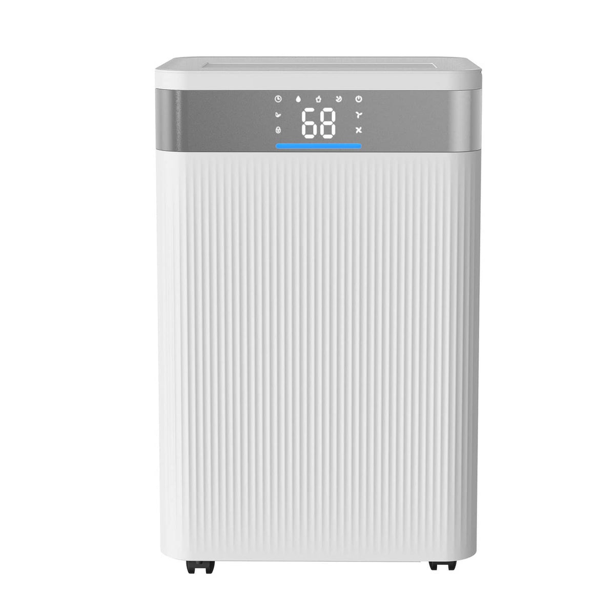 White 52-pint dehumidifier with top LED control panel and humidity display