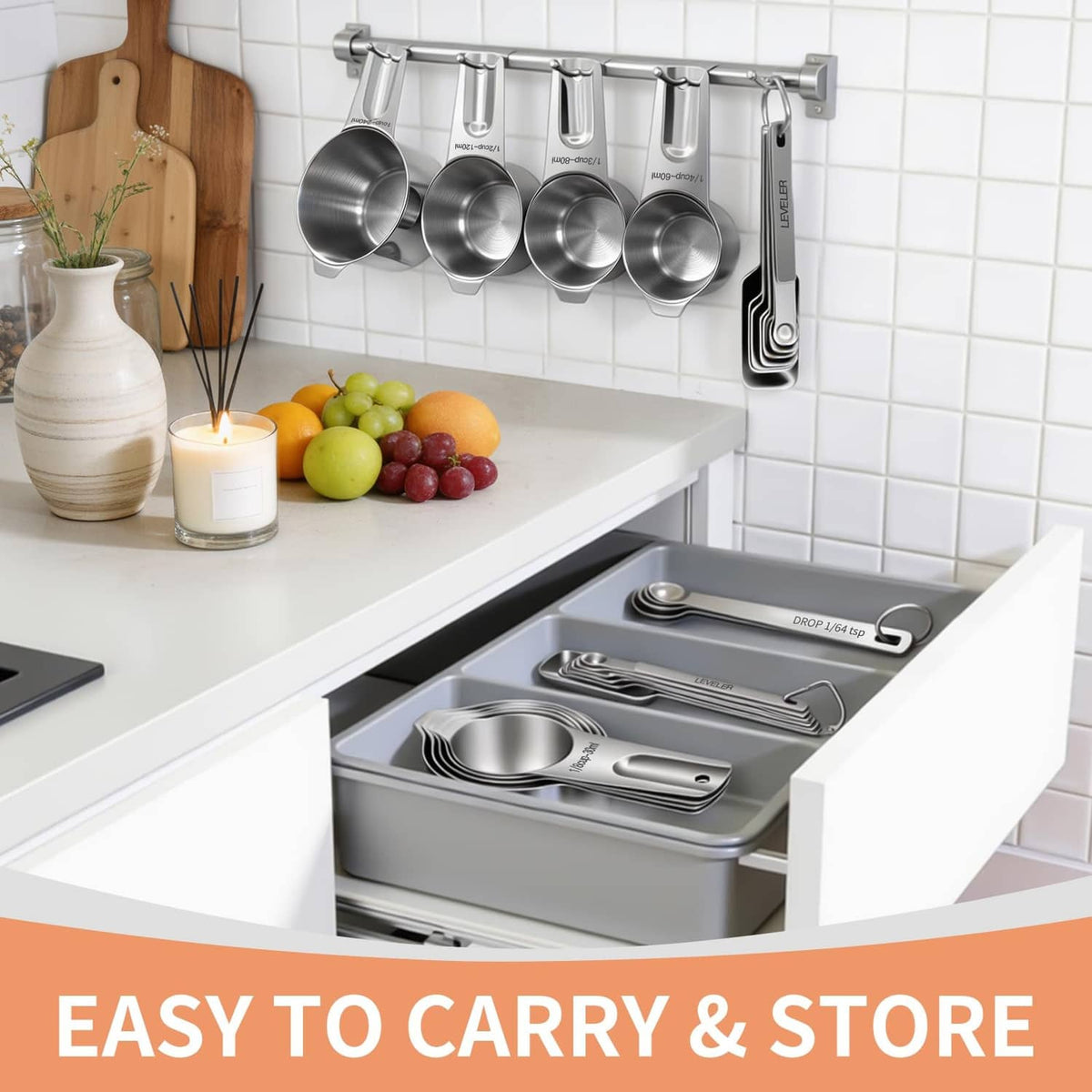 Stainless steel measuring cups and spoons set neatly stored in a drawer