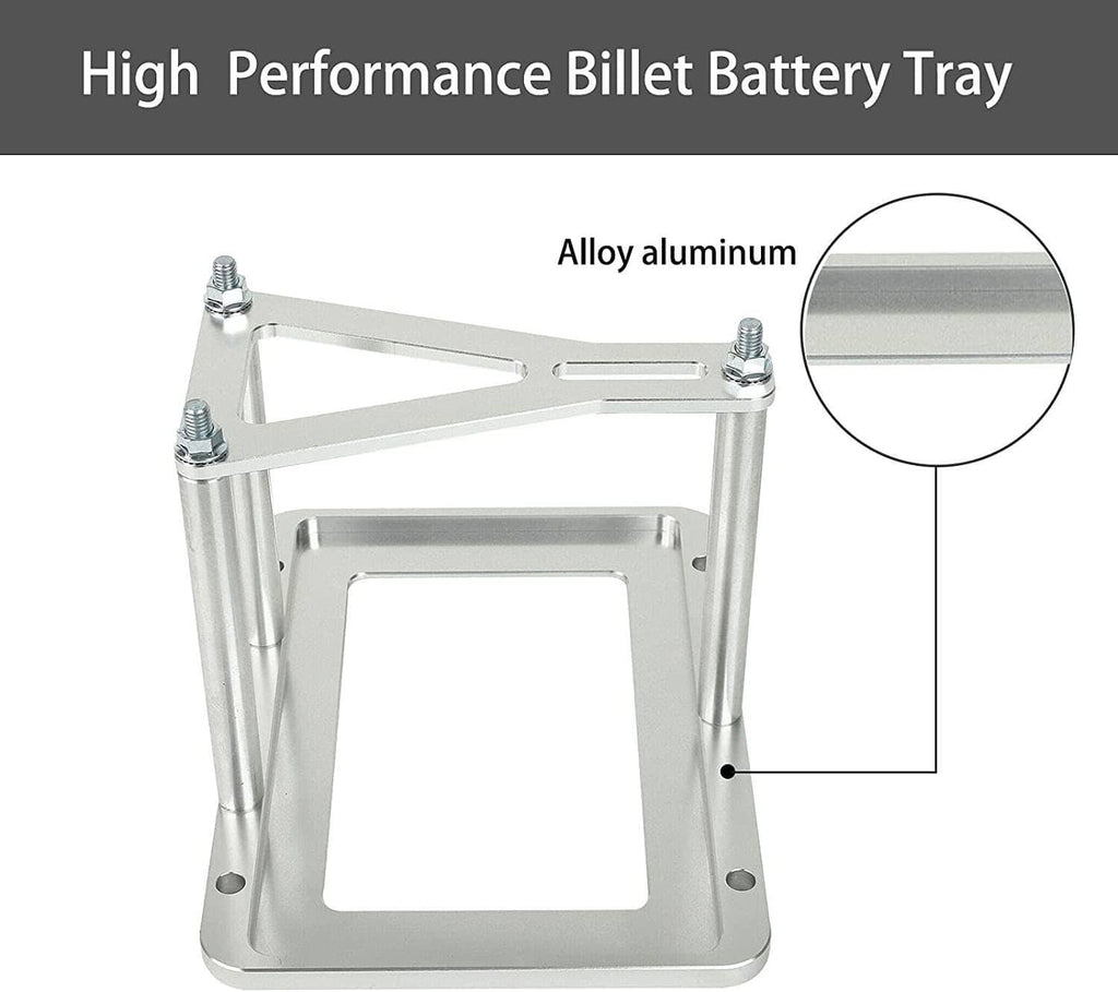 Billet aluminum battery tray hold-down frame with alloy base plate and threaded bolts