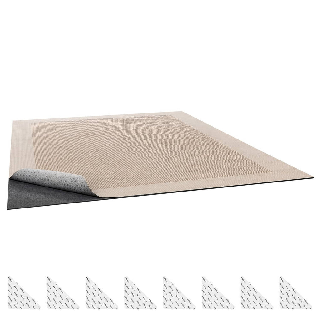 Rug pad with beige felt top layer and dark rubber backing, flat folded view