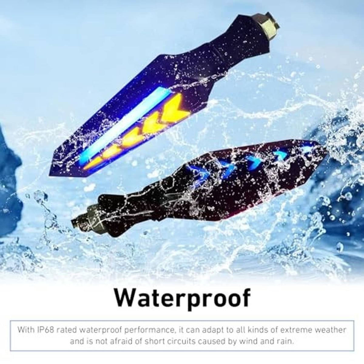 Waterproof-style arrow LED motorcycle turn signals with blue and yellow lighting, black housings