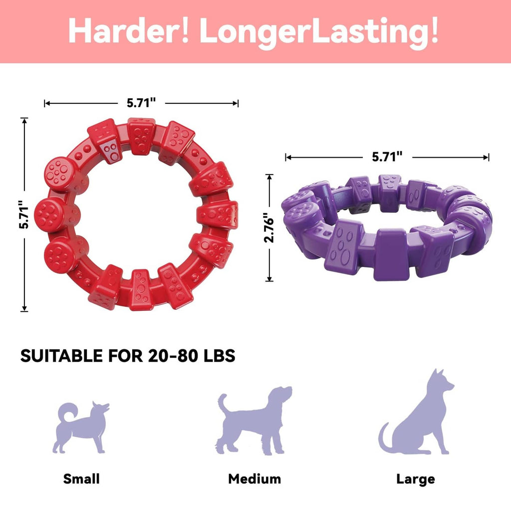 Red and purple bumpy dog chewing ring toys with size measurements