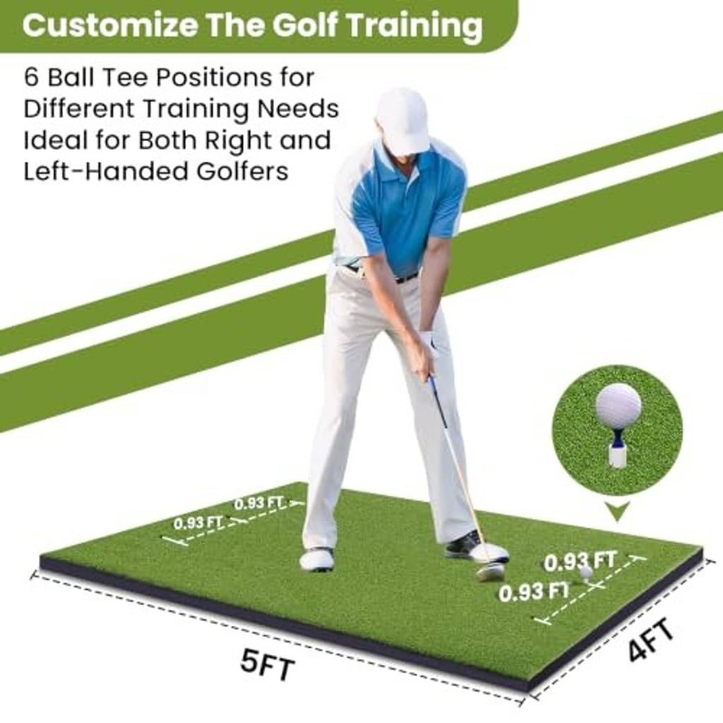 Golf training mat with six ball tee positions and marked 5ft by 4ft hitting area.