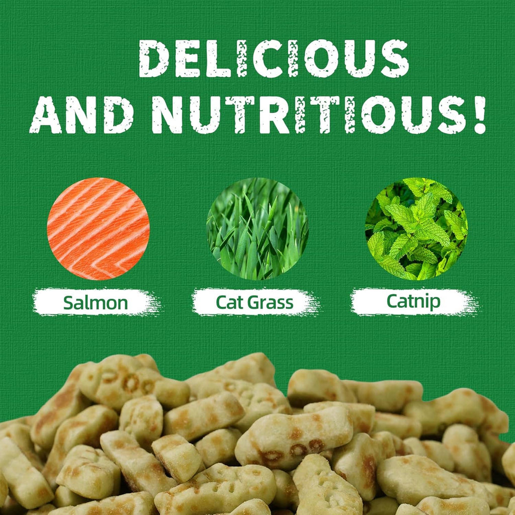 Cat treat bites graphic with labeled circles for Salmon, Cat Grass, and Catnip