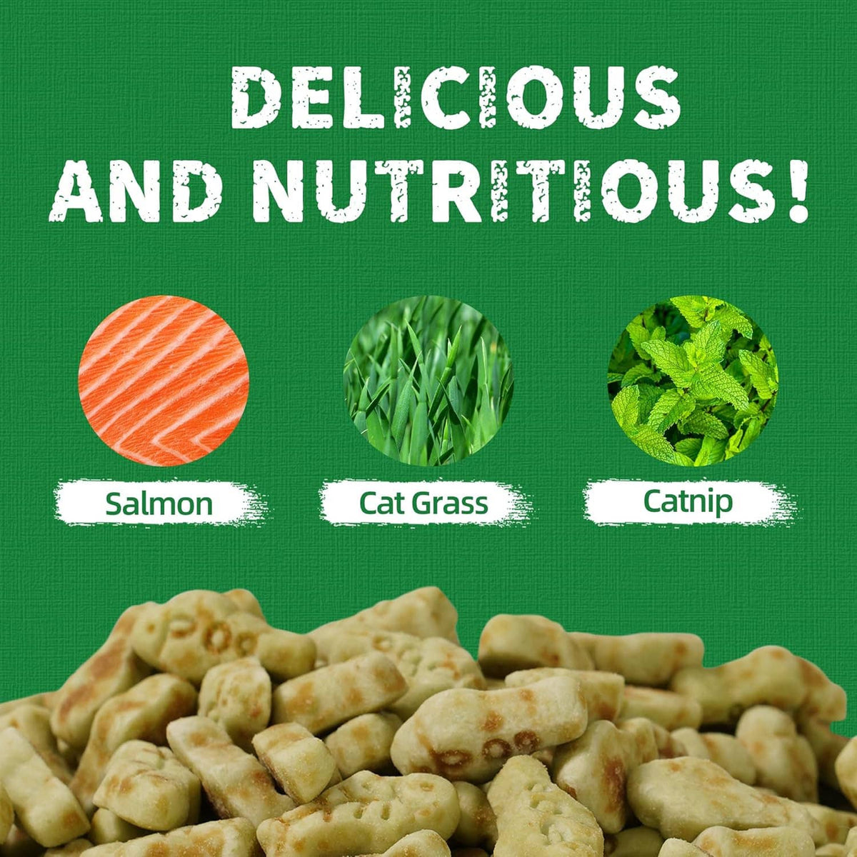 Cat treat bites graphic with labeled circles for Salmon, Cat Grass, and Catnip