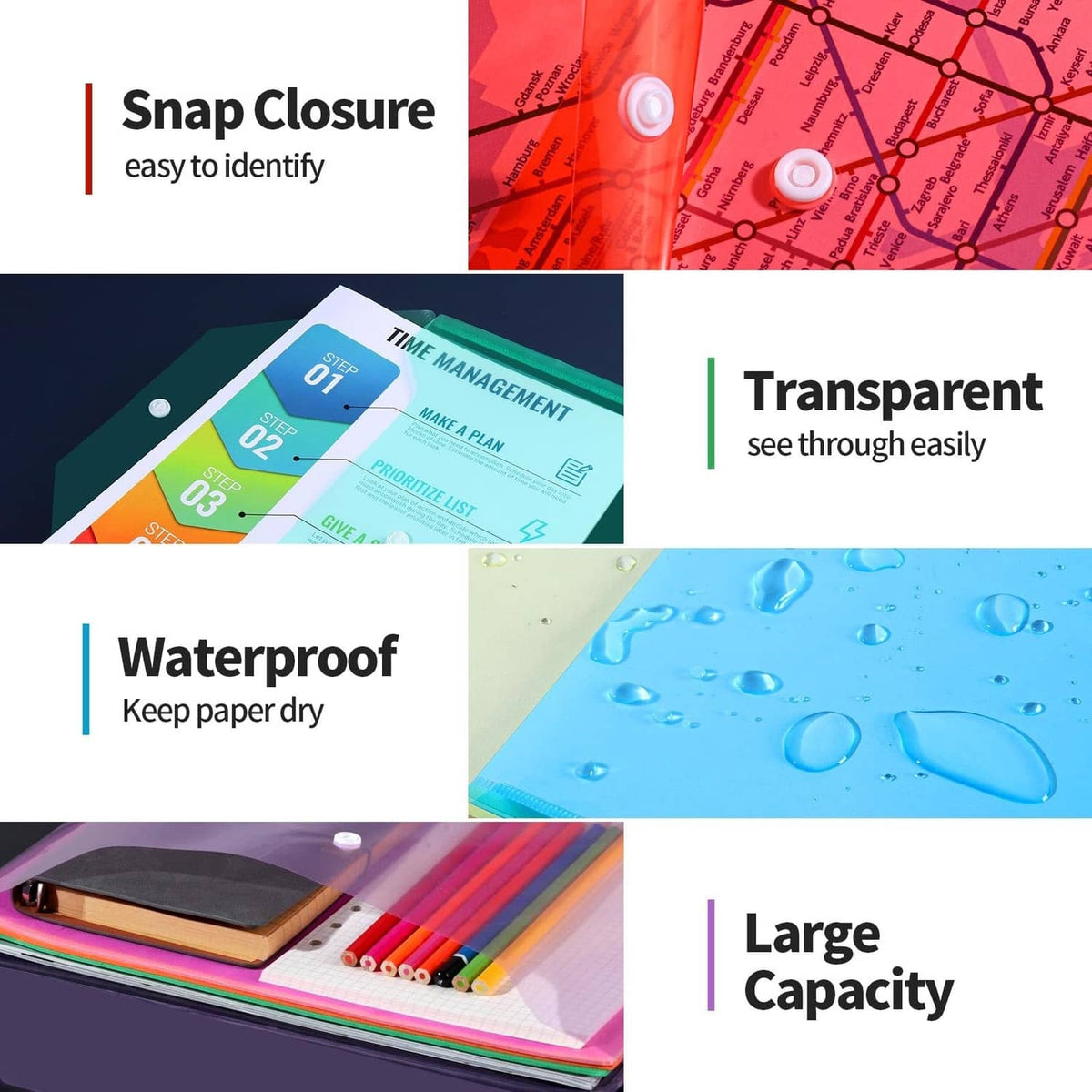 Transparent A4 plastic file envelope with snap closure for organizing documents