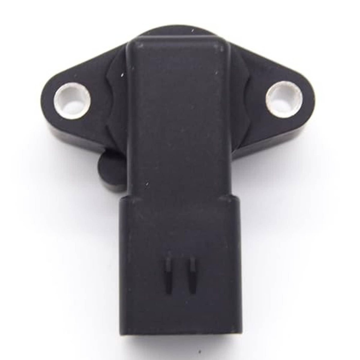 Black rotational position sensor with top mounting ears and electrical plug