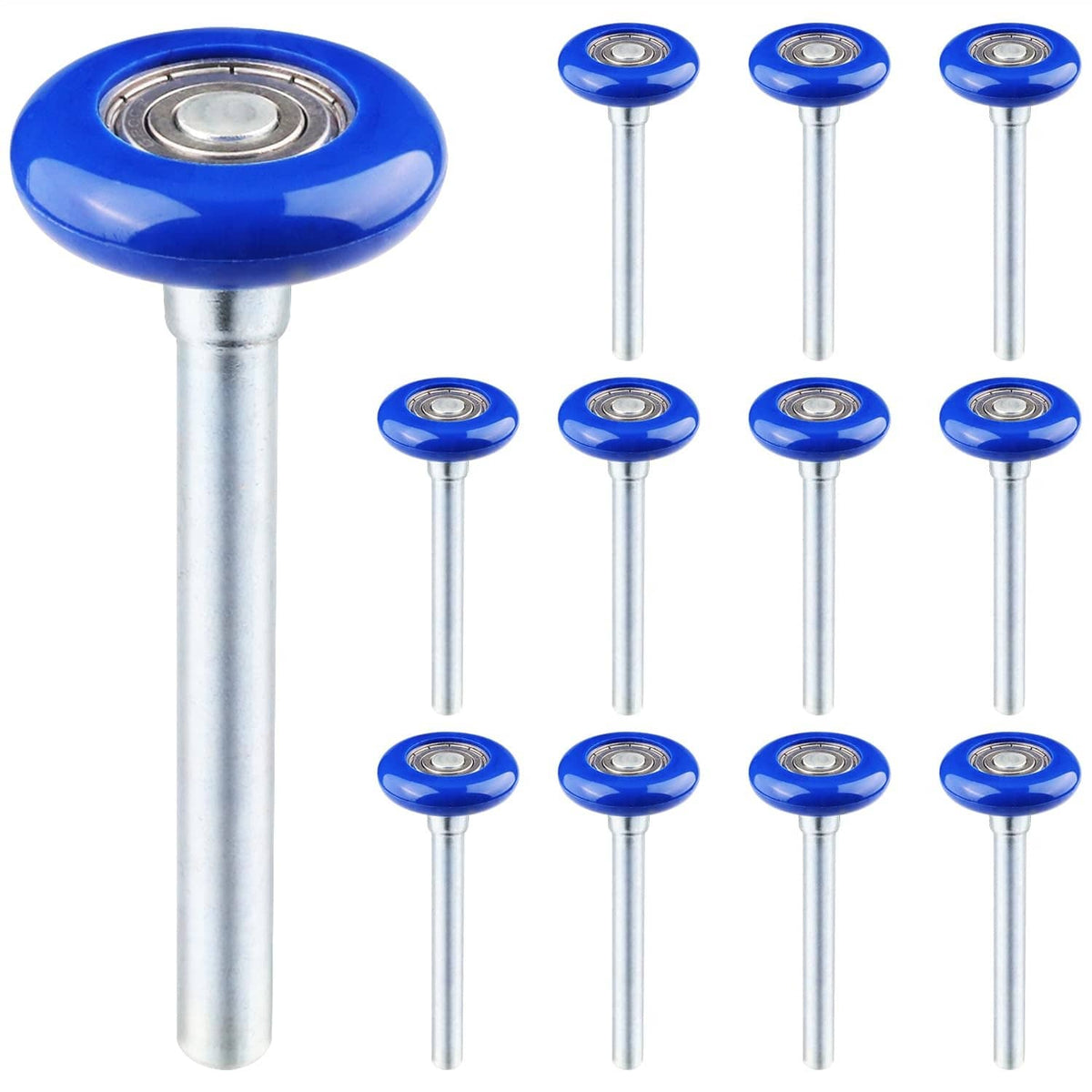 Blue nylon sealed garage door rollers with silver shafts, 12-pack set