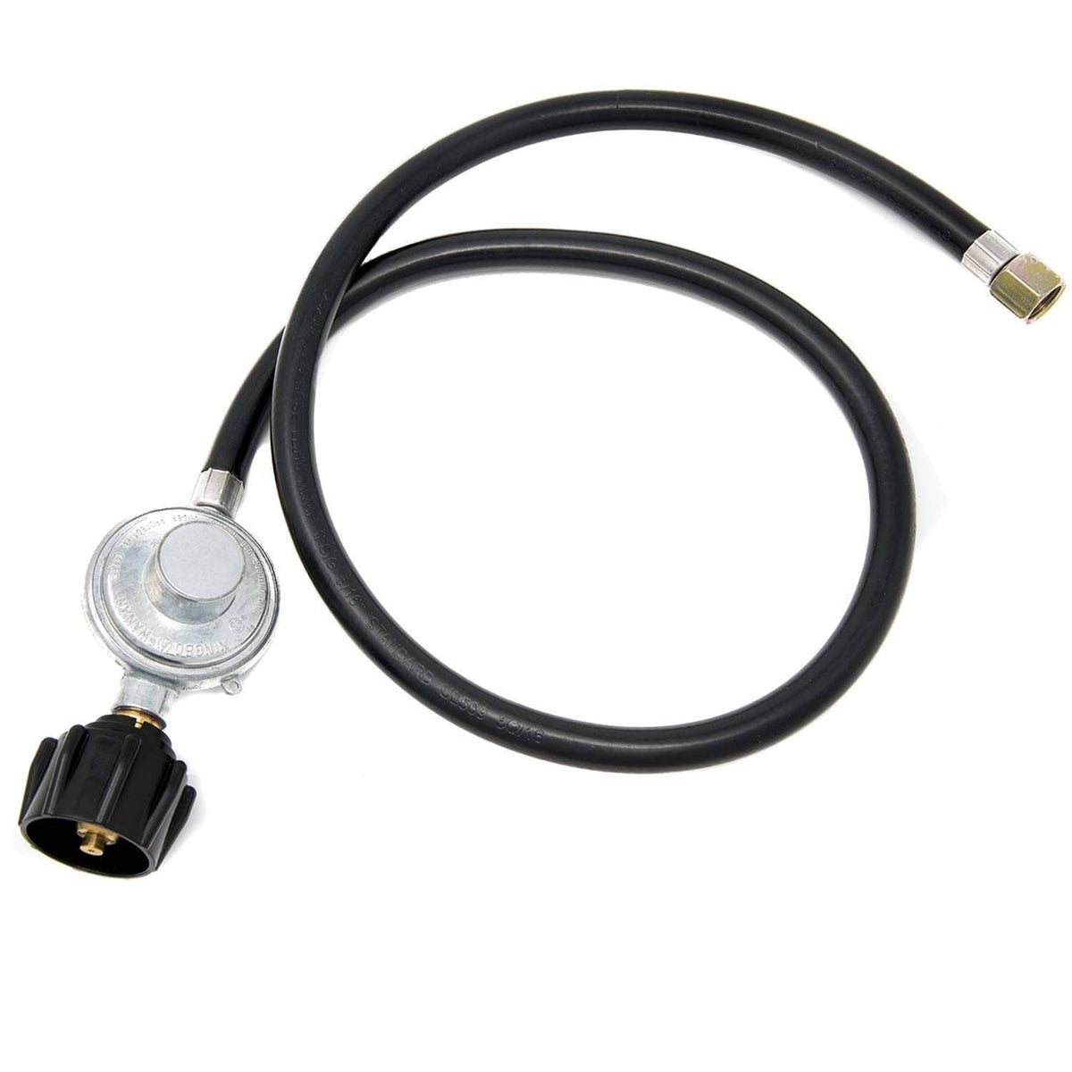 Black propane regulator and 3 ft hose with QCC1-style metal fittings