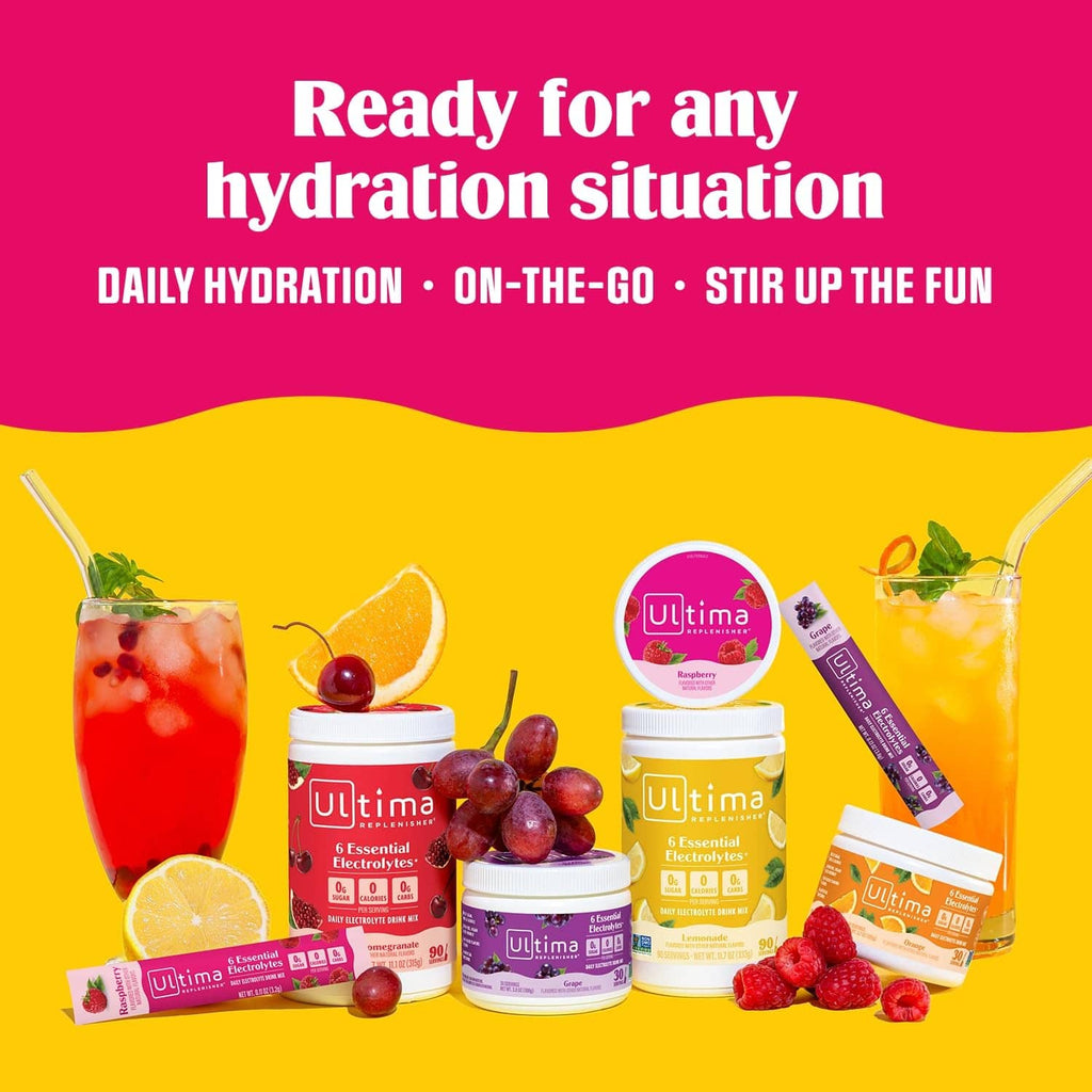 Cherry pomegranate electrolyte drink mix containers and stickpacks for on-the-go