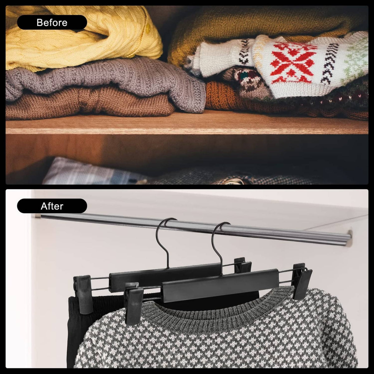 Black pants hanger with clips on a rod, shown holding a knit top