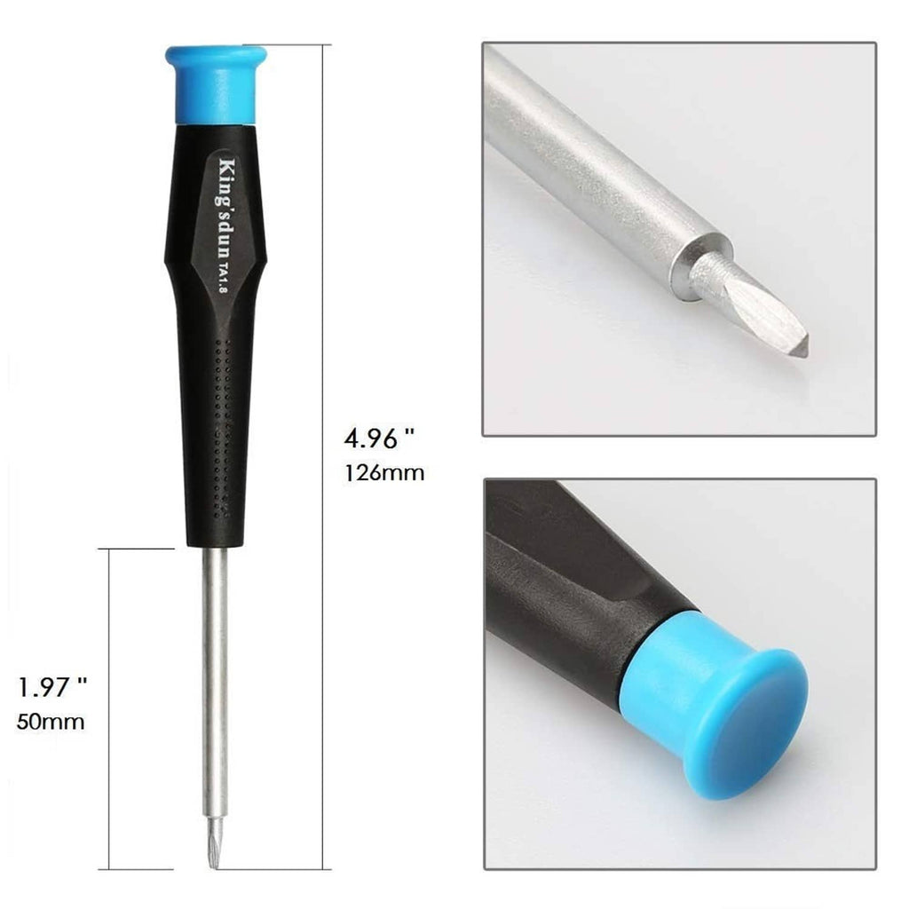 Triangular head screwdriver with black and blue handle, metal shaft, 126 mm length