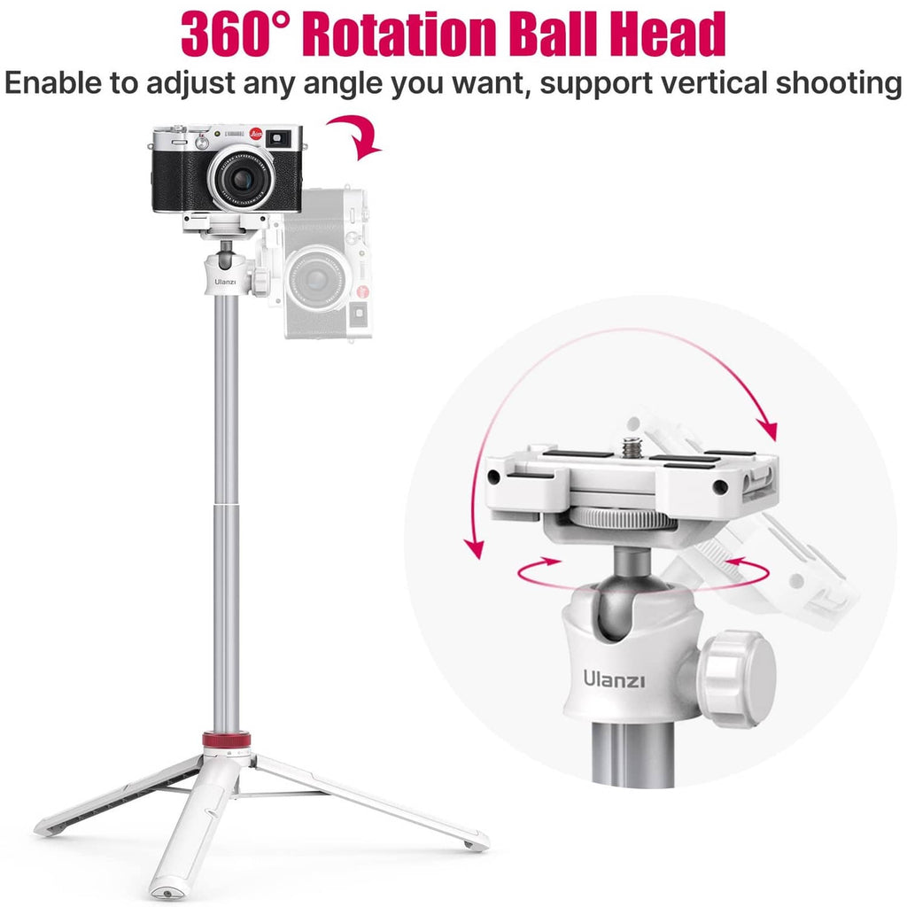 White tripod ball head with phone clamp and cold-shoe mount on top