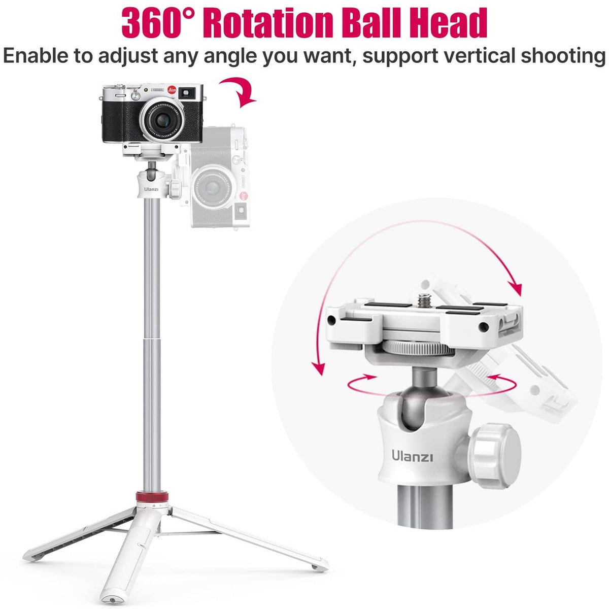 White tripod ball head with phone clamp and cold-shoe mount on top