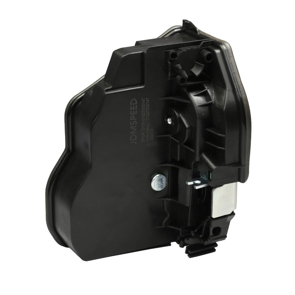 Power door lock latch actuator with molded black cover and visible fasteners