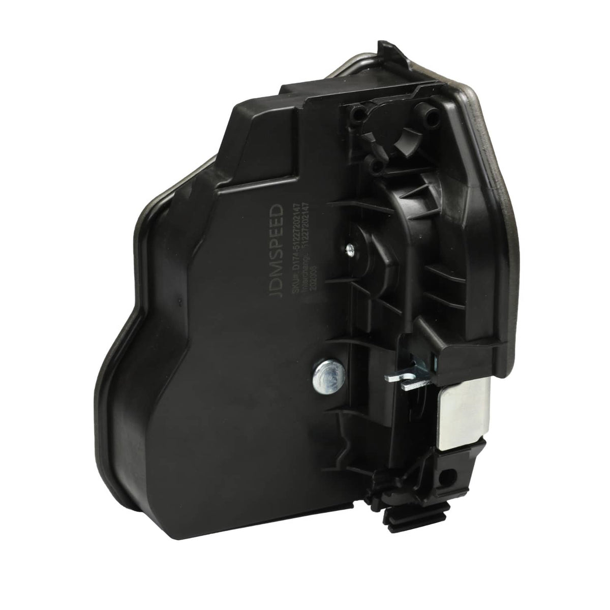 Power door lock latch actuator with molded black cover and visible fasteners