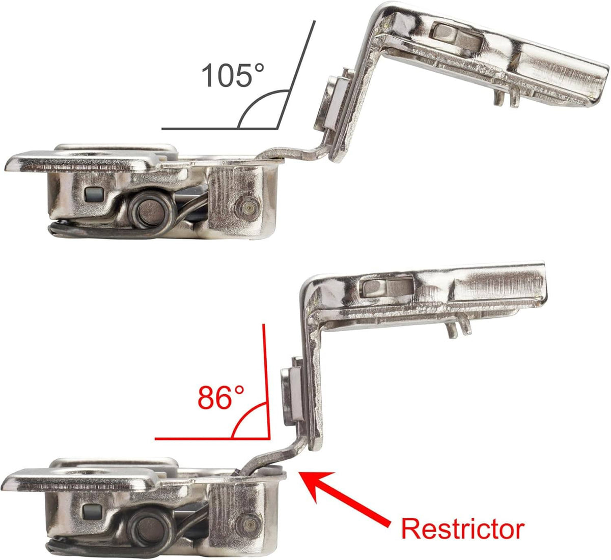 Metal hinge restriction clip showing 105° and 86° angles on a soft-close hinge