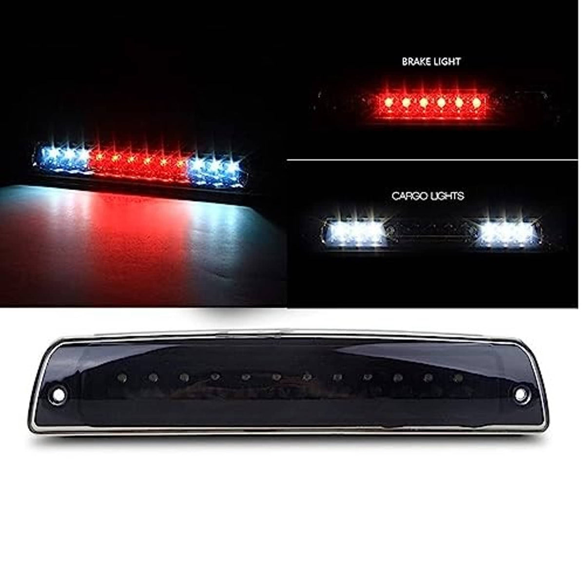LED 3rd brake light with red glow in smoke lens, with white auxiliary LEDs