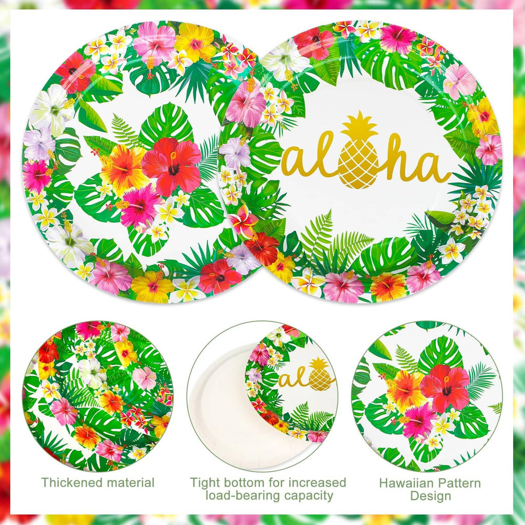 Tropical paper plates set: green leaf and flower pattern with 'aloha' on white centers