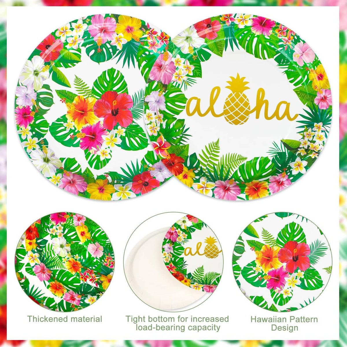 Tropical paper plates set: green leaf and flower pattern with 'aloha' on white centers